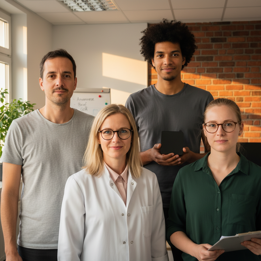 Vier Personen des otium-Teams im Würzburger Büro